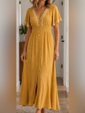 Alya Mustard Yellow Maxi Dress with Embroidered Trim